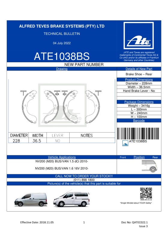 ATE1038BS NEW! Brake Shoe for Nissan NV200 featured image